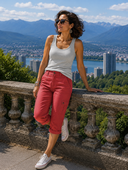 Pantalones capri cargo para mujer con múltiples bolsillos