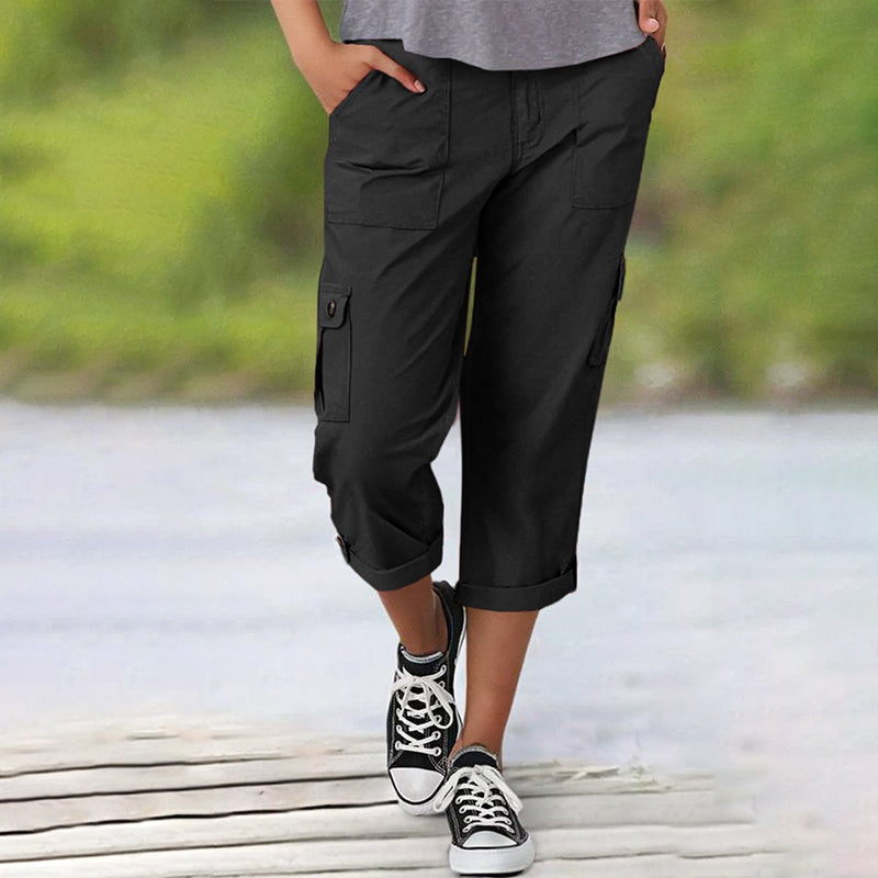 Pantalones capri cargo para mujer con múltiples bolsillos