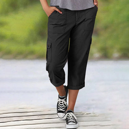 Pantalones capri cargo para mujer con múltiples bolsillos