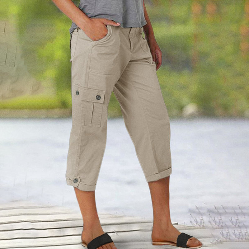Pantalones capri cargo para mujer con múltiples bolsillos