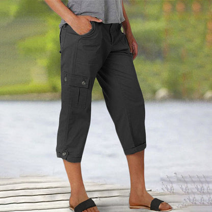 Pantalones capri cargo para mujer con múltiples bolsillos