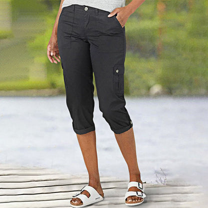 Pantalones capri cargo para mujer con múltiples bolsillos