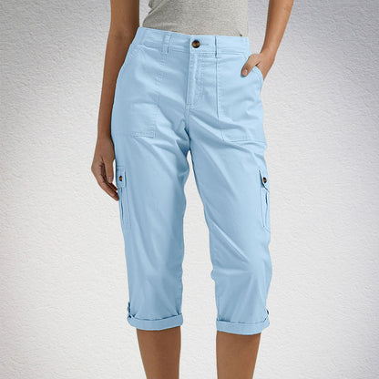 Pantalones capri cargo para mujer con múltiples bolsillos