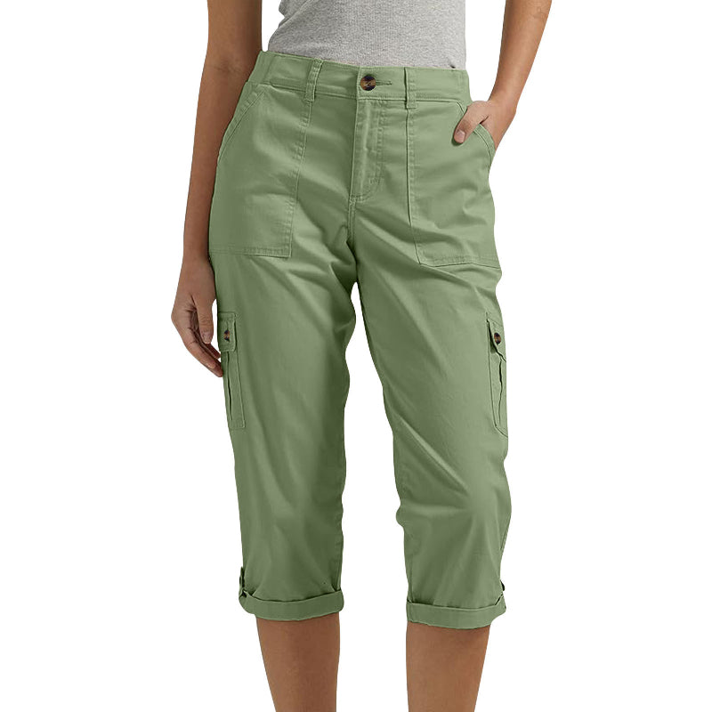Pantalones capri cargo para mujer con múltiples bolsillos