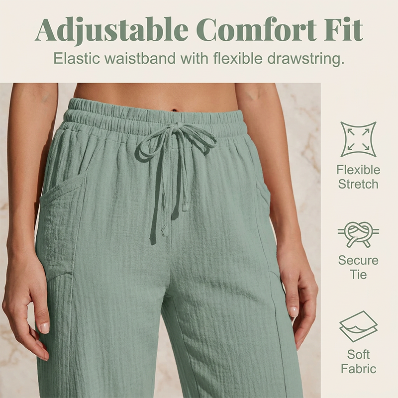 Pantalón cropped mujer de algodón y lino con cintura ajustable