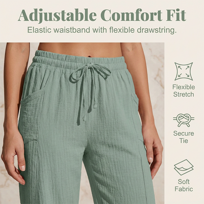 Pantalón cropped mujer de algodón y lino con cintura ajustable