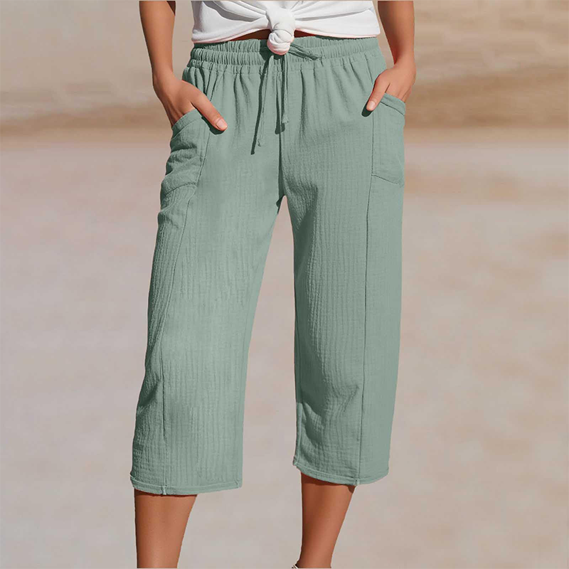 Pantalón cropped mujer de algodón y lino con cintura ajustable