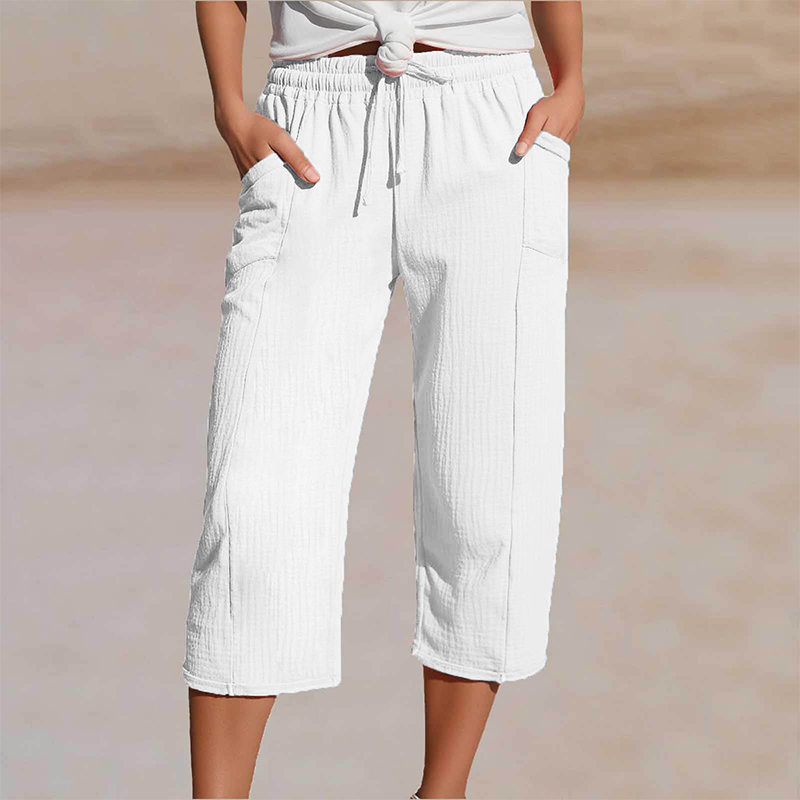 Pantalón cropped mujer de algodón y lino con cintura ajustable