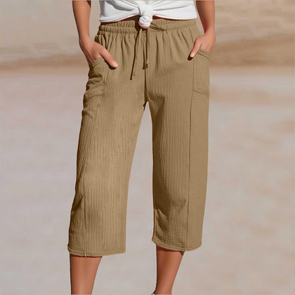 Pantalón cropped mujer de algodón y lino con cintura ajustable