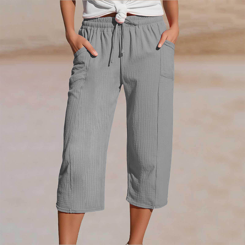 Pantalón cropped mujer de algodón y lino con cintura ajustable