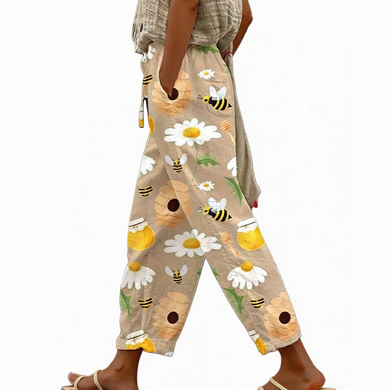 Pantalón mujer poliéster floral con cintura elástica verano casual