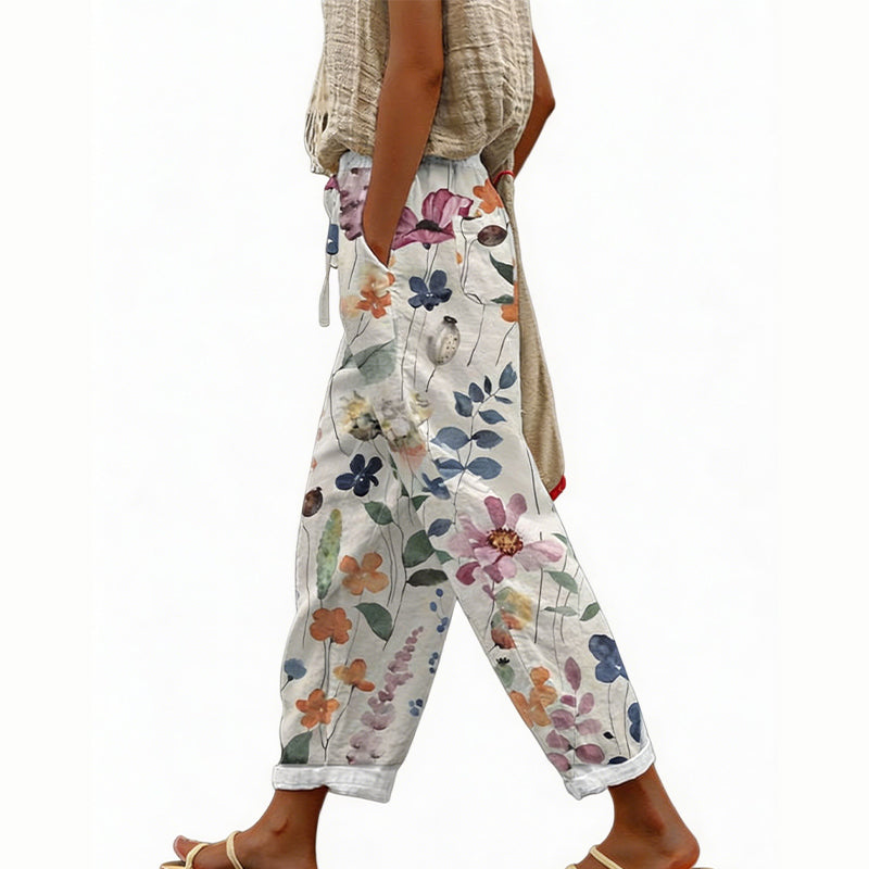 Pantalón mujer poliéster floral con cintura elástica verano casual