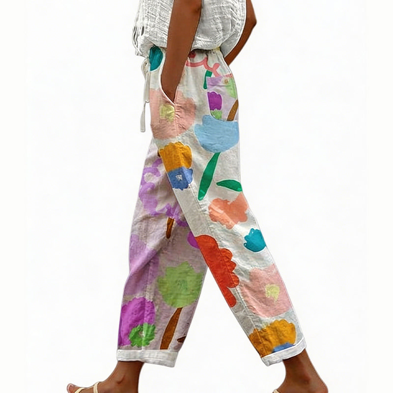 Pantalón mujer poliéster floral con cintura elástica verano casual