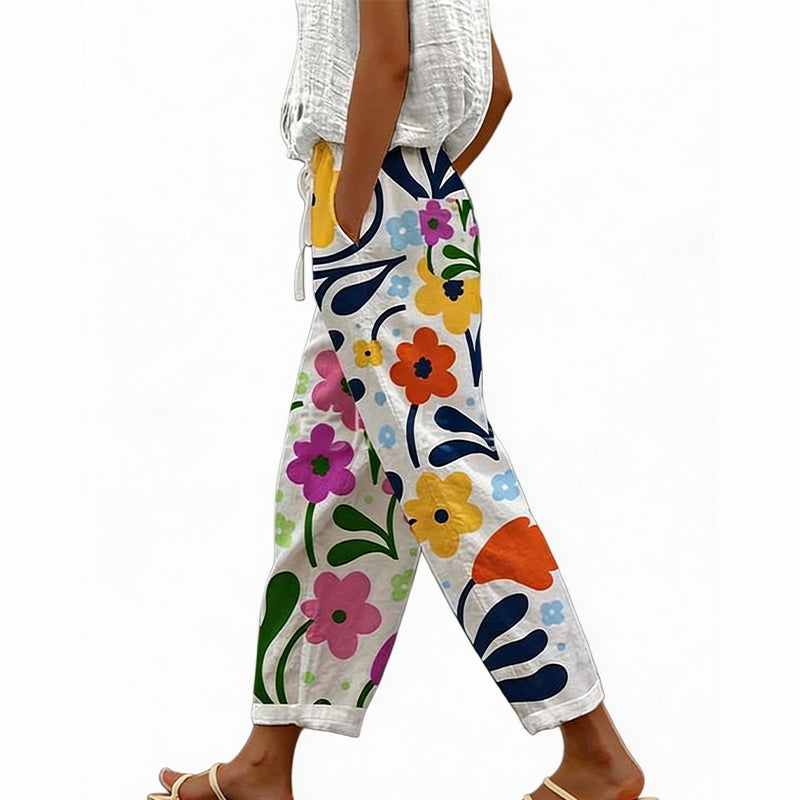 Pantalón mujer poliéster floral con cintura elástica verano casual