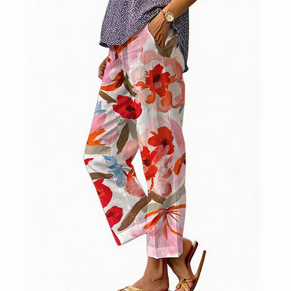 Pantalón mujer poliéster floral con cintura elástica verano casual