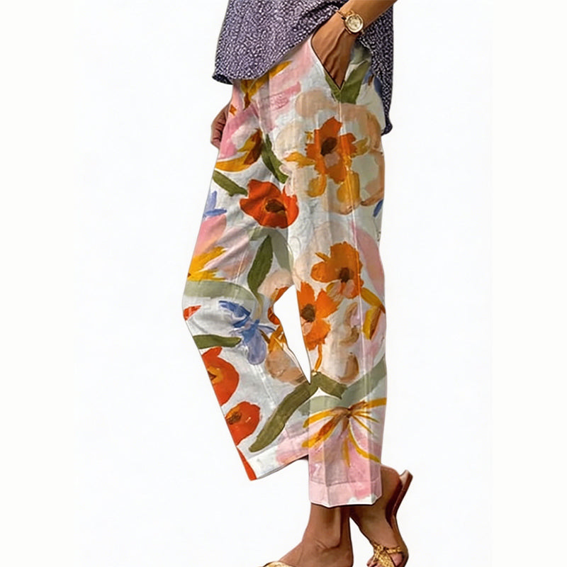 Pantalón mujer poliéster floral con cintura elástica verano casual