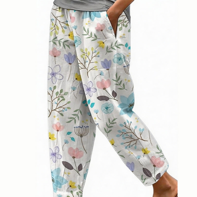 Pantalón mujer poliéster floral con cintura elástica verano casual