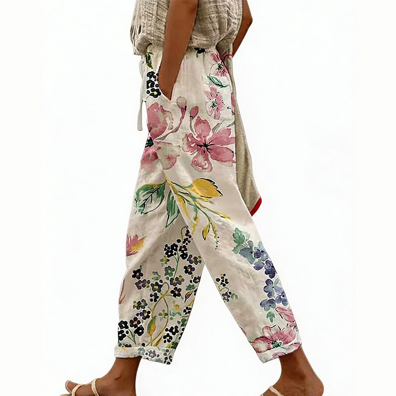 Pantalón mujer poliéster floral con cintura elástica verano casual