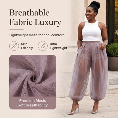Pantalón mujer de malla transparente con short integrado y cintura alta