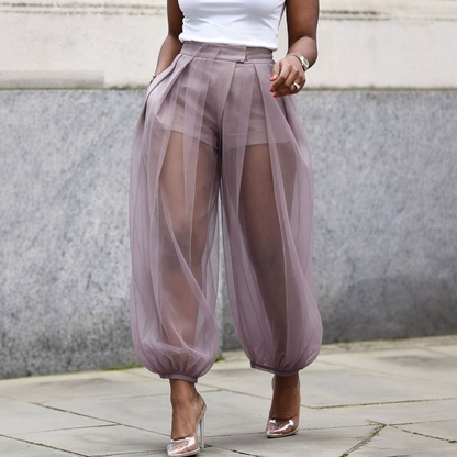 Pantalón mujer de malla transparente con short integrado y cintura alta