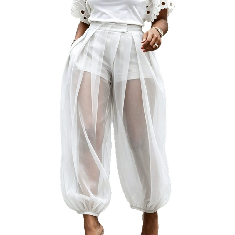 Pantalón mujer de malla transparente con short integrado y cintura alta
