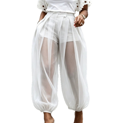 Pantalón mujer de malla transparente con short integrado y cintura alta