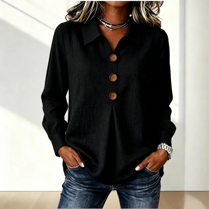 Blusa de mujer con cuello clásico y botones decorativos