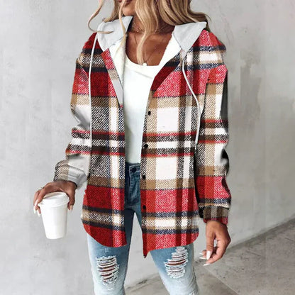 Chaqueta de otoño mujer con capucha y estampado a cuadros – chaqueta casual cálida
