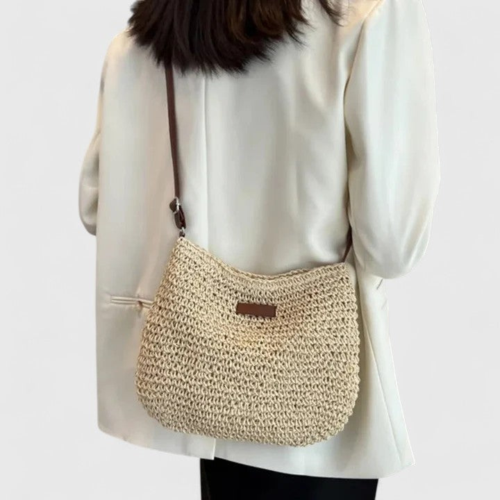 Bolso bandolera mujer rafia trenzada media luna cuero boho natural